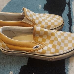 Vans Mustard and White Checkered Slip-Ons